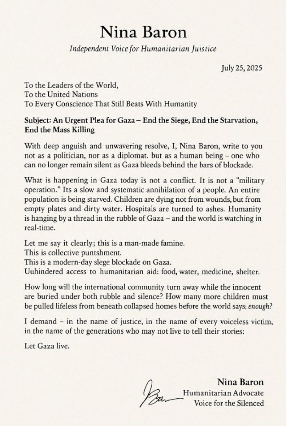 Urgent appeal to the United Nations for Gaza - End the siege, end the famine, end the mass killing | July 25, 2025