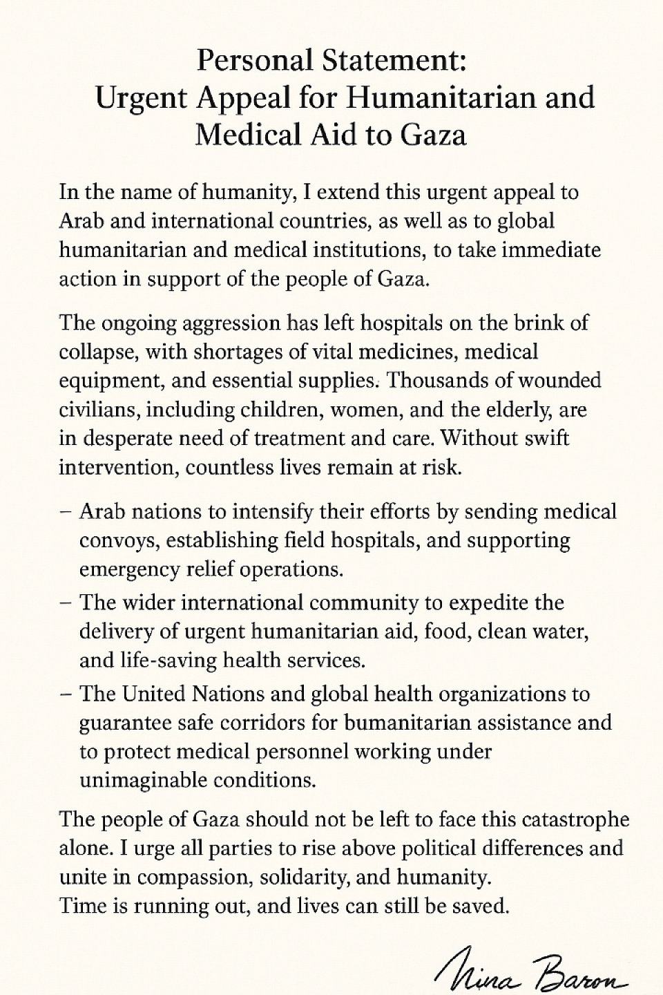 Nina Baron's statement on Gaza relief...and this is the fourth statement.08:53 Sunday, 17 August 2025 (BST) Time in Bath, UK
