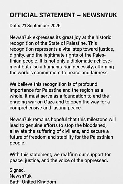 Statement issued by newsn7uk 🇬🇧Expressing our joy at the recognition of occupied Palestine by countries